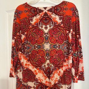 Sz 1 Chico's Top 3/4 L Sleeves,  Orange Artistic Pattern, Like New Condition
